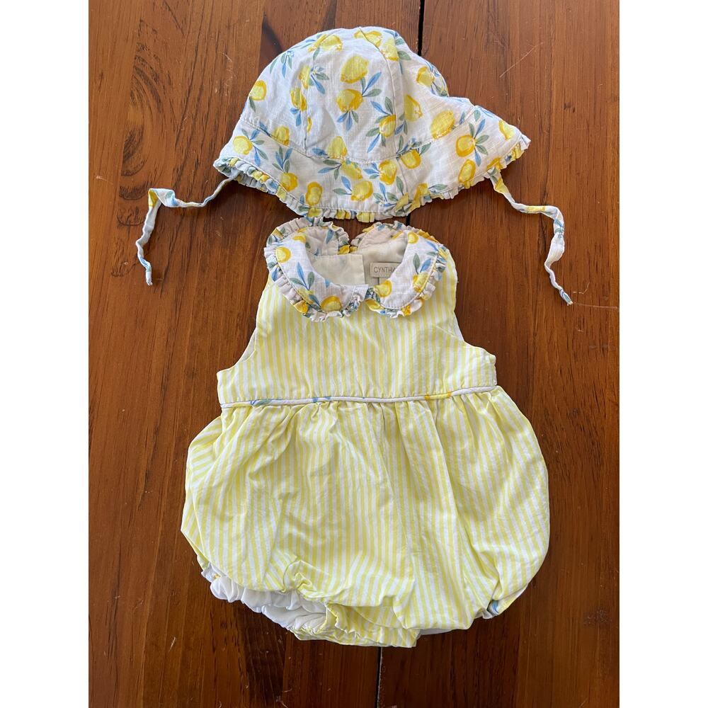 Cynthia Rowley 3-6 Month One Piece Set Hat Covered Buttons Yellow Lemon Bubble